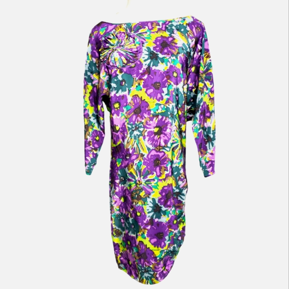 Silk Purple Posies Dress Dolman Sleeves Applique Accents Events Wedding XS Party